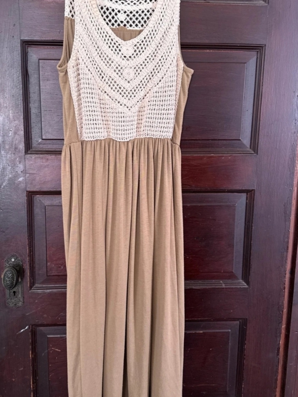 Sleeveless Crochet Yoke Maxi Dress in Cream and Tan